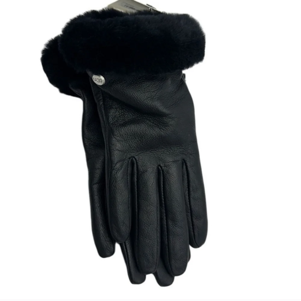 UGG Womens Shearling-Trim cuff Black leather Shorty Gloves Size Large